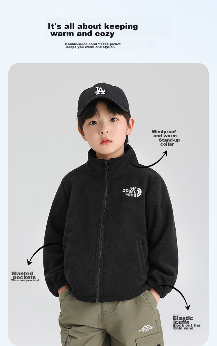 Zuoxi Children's Fleece Jacket, Boys' Outerwear, 2026 New Style, Spring Wear for Boys, Inner Layer Sportswear, Black, Size 120 3