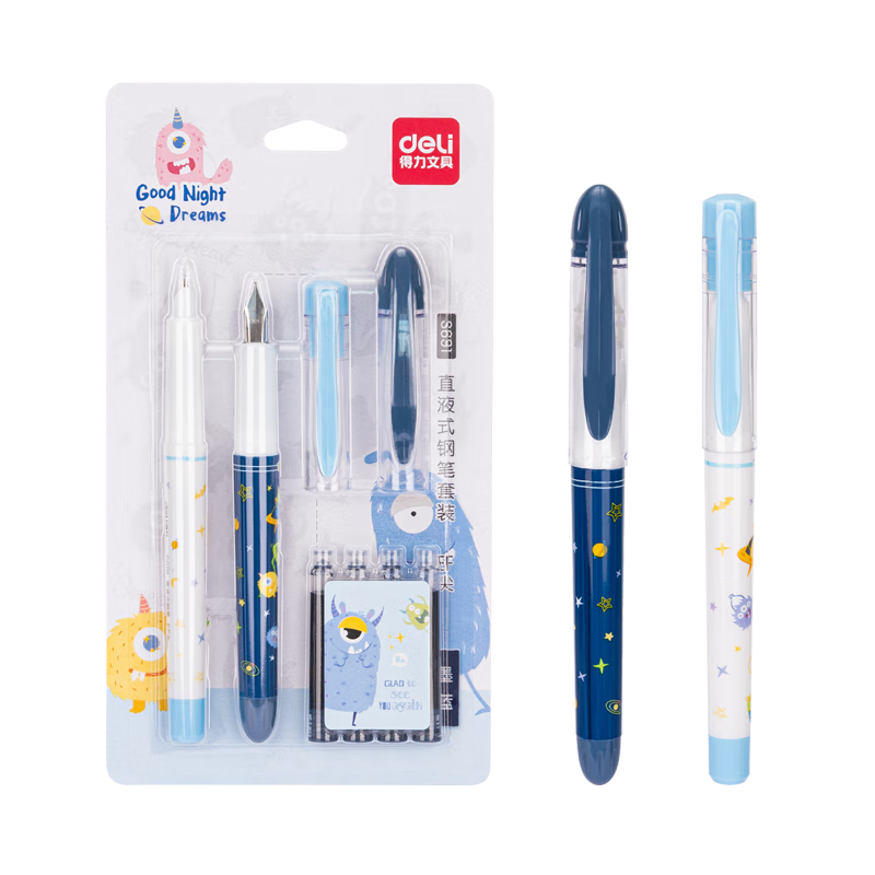 Deli Student Fountain Pen with Replaceable EF Nib, Ergonomic Design for Handwriting Practice And Office Use, Includes 1 Fine Nib + 1 Extra Fine Nib + 4 Ink Cartridges in Blue, S691 EF Nib (Approximately 0.38mm)