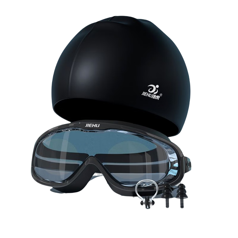 Jiehu Swimming Goggles for Men And Women, Adult Large Frame Anti-Fog Waterproof Integrated Diving Swim Glasses with Swim Cap Set Swimming Equipment