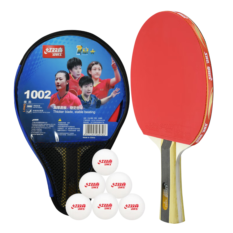 DHS Table Tennis Racket, One-Star Penhold Grip, Double-Sided Reverse Rubber F1002, Single Racket with Racket Cover + Ping Pong Ball