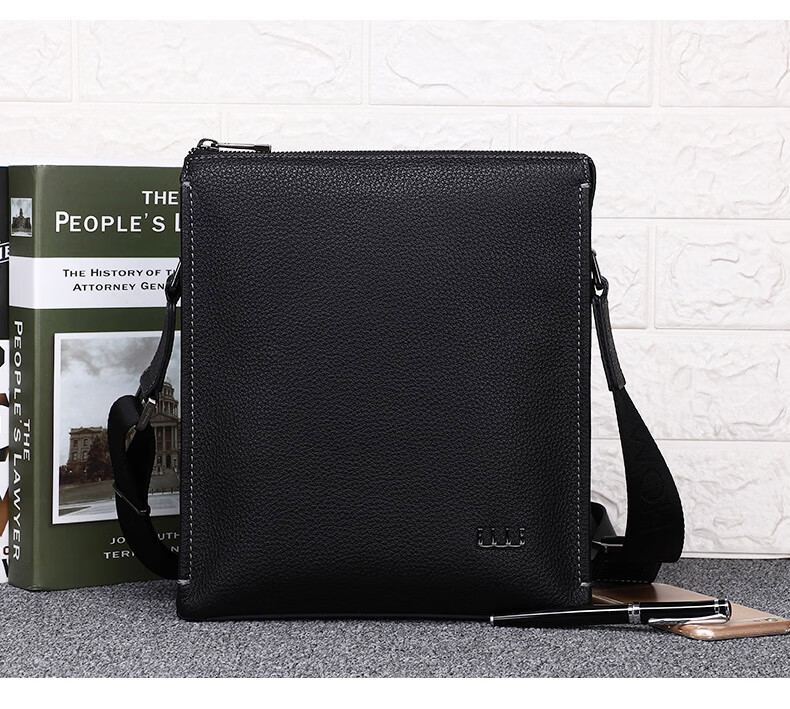 ELLE HOMME Men's Business Shoulder Bag, Fashionable Top-Grain Leather Crossbody Bag with Large Capacity, Lychee Pattern Men's Bag EA088204740 Black Birthday Gift for Boyfriend 2