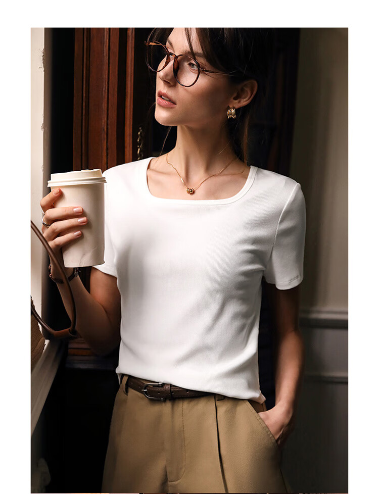 Olrain Square Neck Classic Shoulder Versatile T-Shirt Summer Women's Elegant Simple Stretchy Comfortable Base Top Gardenia White S 17
