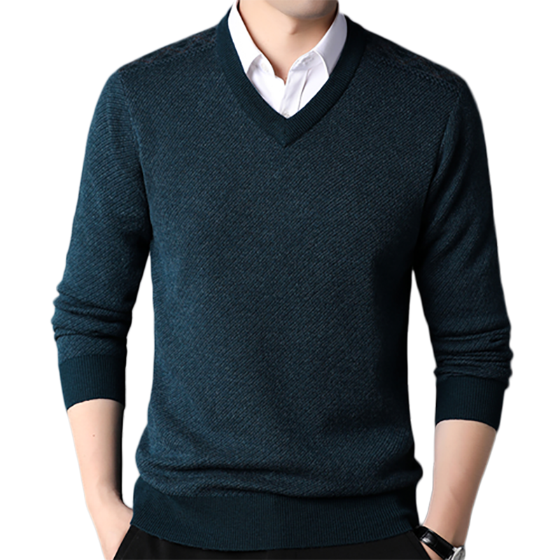 Hengyuanxiang 100% Pure Wool Men's V-Neck Thick Sweater Heart-Shaped Collar Men's Clothing 15213601 Blue Black 170/88A