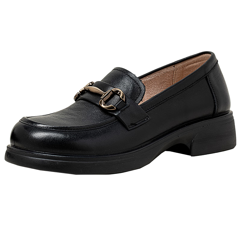 COMELY Women's Loafers, Spring Season Women's Shoes, Cowhide Leather, Academic Style, Metal Buckle, Round Toe, Fashionable Versatile JK Leather Shoes, Black, Size 39