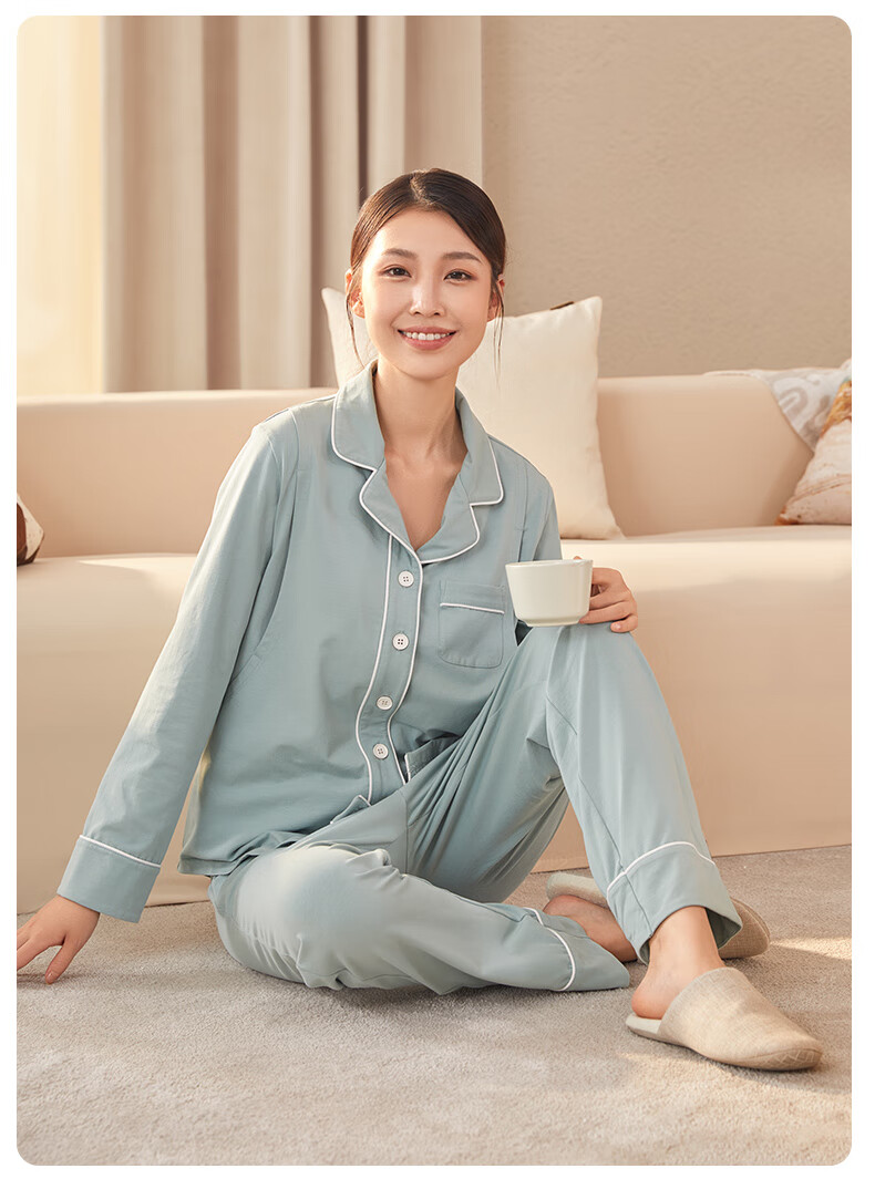 Shiyuejiejing Maternity Wear for Spring And Autumn [Minimalism], Cotton Postpartum Nursing Pajamas, Home Wear Set, Elegant Green, XL Size 2