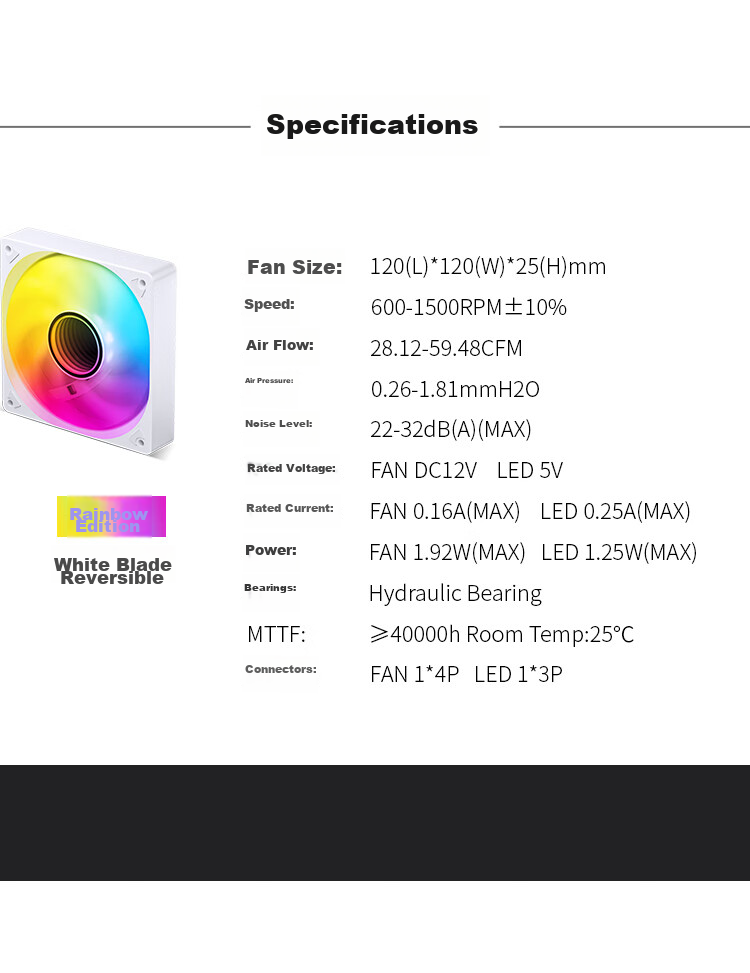 JONSBO SL-120WR Iridescent White Edition 12CM Case Fan (Reverse Blade Design/5V ARGB Motherboard Sync/4PIN PWM Male And Female Connectors for Series Connection) 19