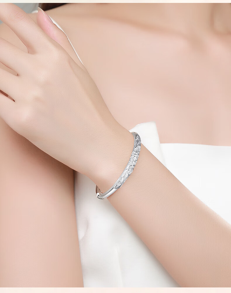 Sino Gem Sino Gem Mid-Autumn Festival Gift Peony Flower Silver Bracelet for Women, 999 Fine Silver Bangle, Gift for Girlfriend, Approximately 30g 8
