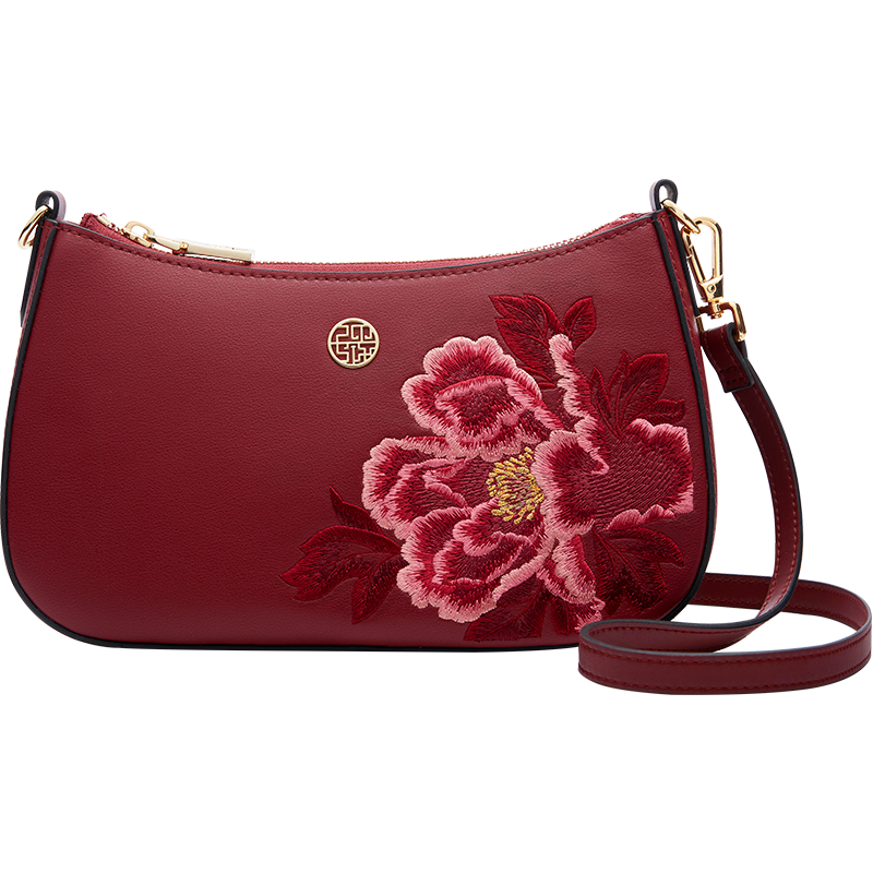 PmSix Women's Handbag, Cowhide Leather, New Chinese Style, Embroidered, Large Capacity, Crossbody Underarm Bag, Mom's Red Wedding Bag, Mid-Autumn Festival Gift