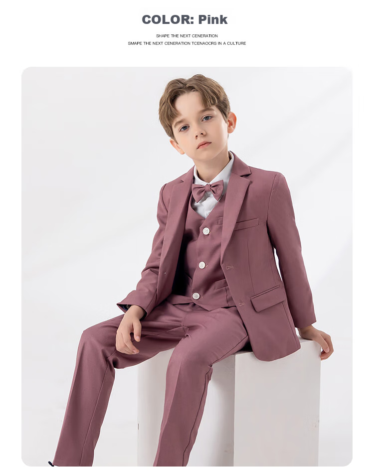 LUOBOBEIBEI Children's Small Suit, Handsome Boys' British Style Blazer Jacket, Spring New Year Outfit, Pink Four-Piece Set, Size 140 2