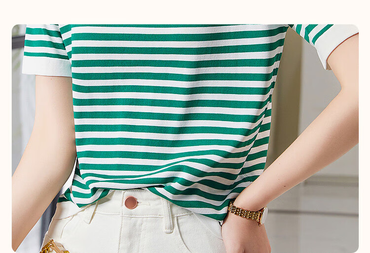 Dme [Hyperbolic Ice Linen Sweater] Summer Round Neck Short Sleeve Striped Knit Top for Wome 4