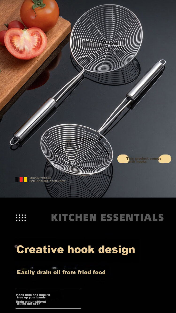 Dipuer 304 Stainless Steel Strainer Skimmer, Large Slotted Spoon with Long Handle, Oil Frying Skimmer, Filter Ladle, Large Size with Hook, Noodle Scoop 4