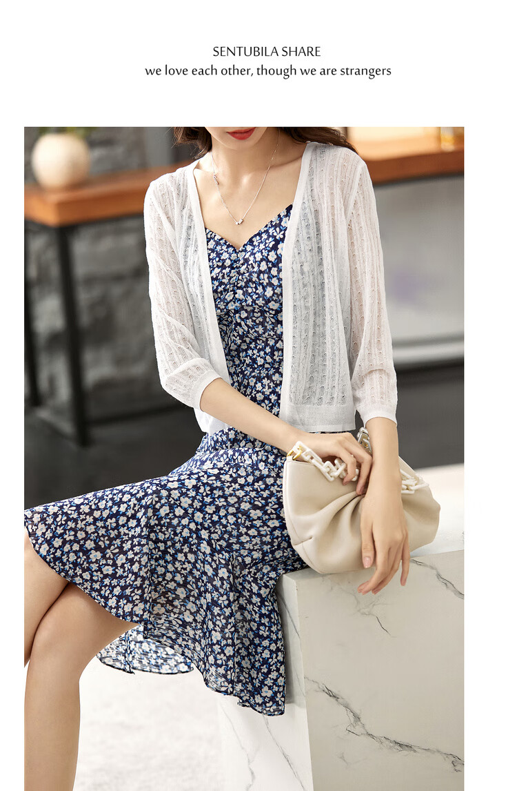 Sentubila Summer Thin Knit Cardigan for Women, V-Neck Three-Quarter Sleeve Outer Layer Air Conditioning Sweater, White, One Size Fits All 11