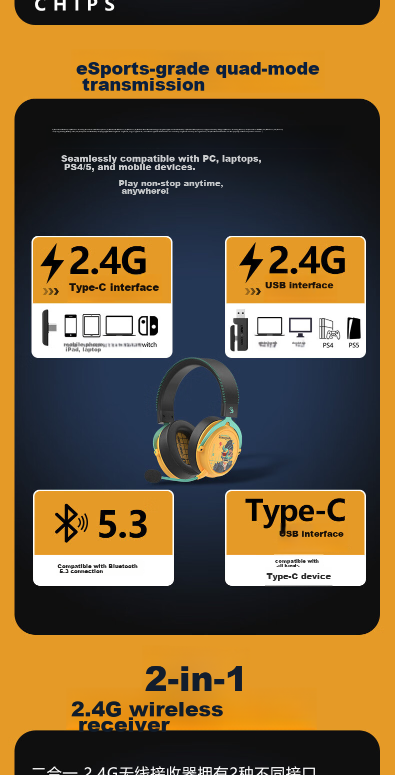 A4TECH Savage Tribe MR595 Wireless/Bluetooth/Wired Gaming Headset, Over-Ear Blood Hand Phantom, PUBG CS Lightweight Delta Valorant Game, Reverse Yellow 5