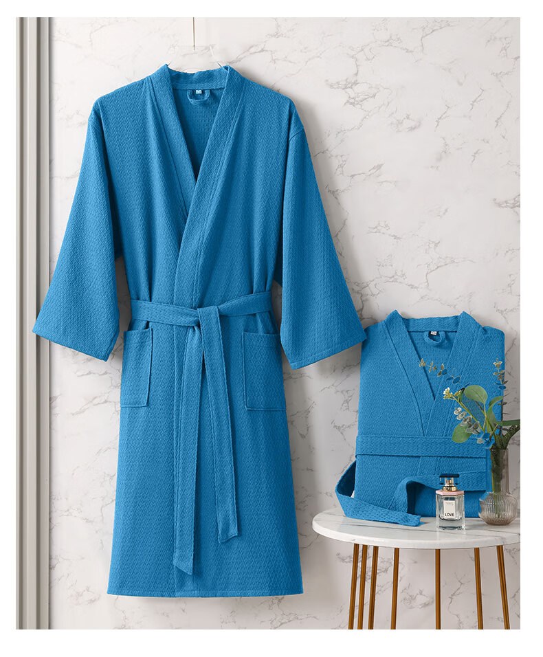Xinya Pure Cotton Waffle Adult Bathrobe, Unisex Couple Spring Summer Thin Sleepwear Loungewear, Pink, Size L 14