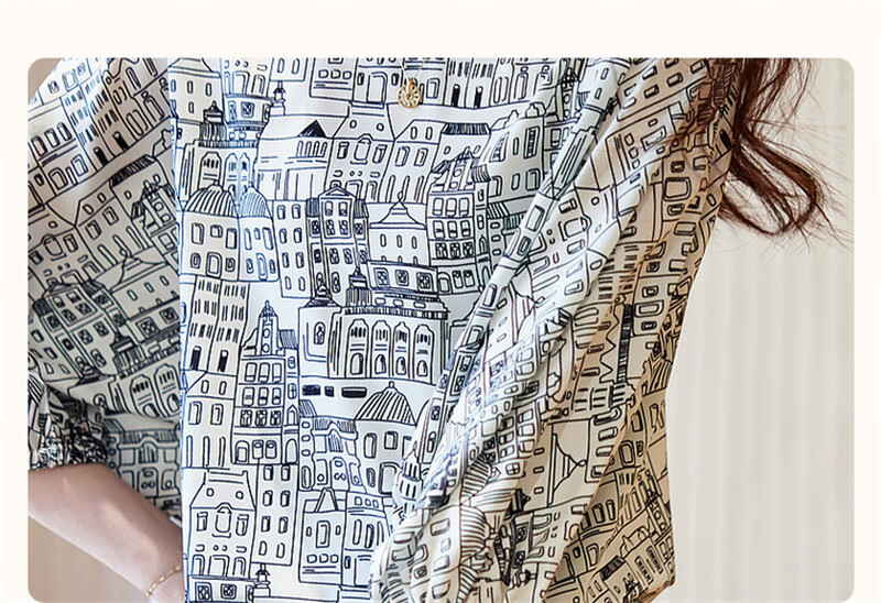 Dme [Wandering Cities] Summer Design Line Architecture Print Shirt, Smooth Composite Silk Floral Yao Blouse Women's Top 4