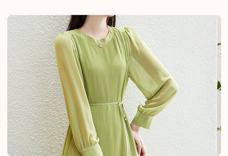 Dme [Waving Sleeve to Capture Fairy Dust] Spring And Autumn Round Neck Pleated Puff Sleeve Waist-Cinching Tie A-Line Dress for Women, Mid-Length Style 4