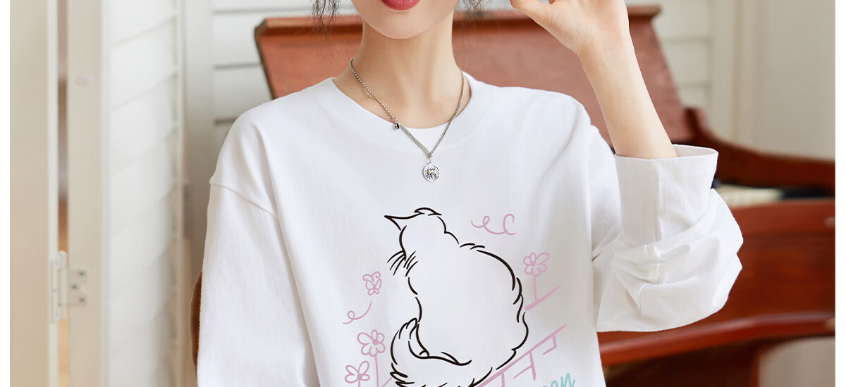 Halo Queen Women's Short-Sleeve T-Shirt, Summer Lightweight Round Neck Tee, American Sweet Cool Cat Print Half-Sleeve Top H143T1409 34