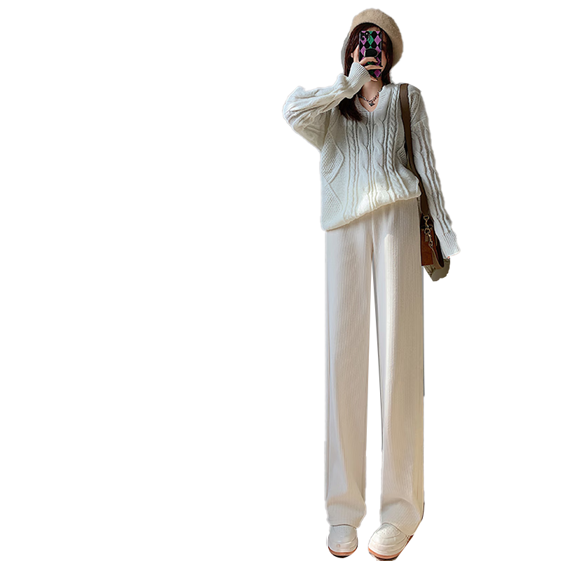 FitonTon Corduroy Wide-Leg Pants for Women, Spring And Autumn 2026, High-Waisted Slimming Draping Loose Straight-Leg Casual Ladies Trousers
