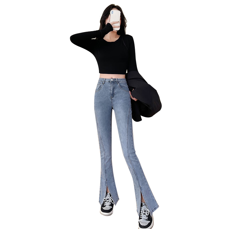 Langsha Women's Spring Split Denim Jeans High Waist Slim Flared Pants Trendy Petite