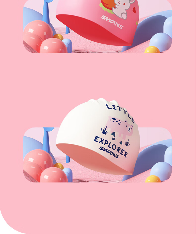 SWANS Children's Swim Cap, Silicone Soft Comfortable Non-Binding, Enlarged Printed Design, Baby Waterproof Swimming Cap, Little White Rabbit 12