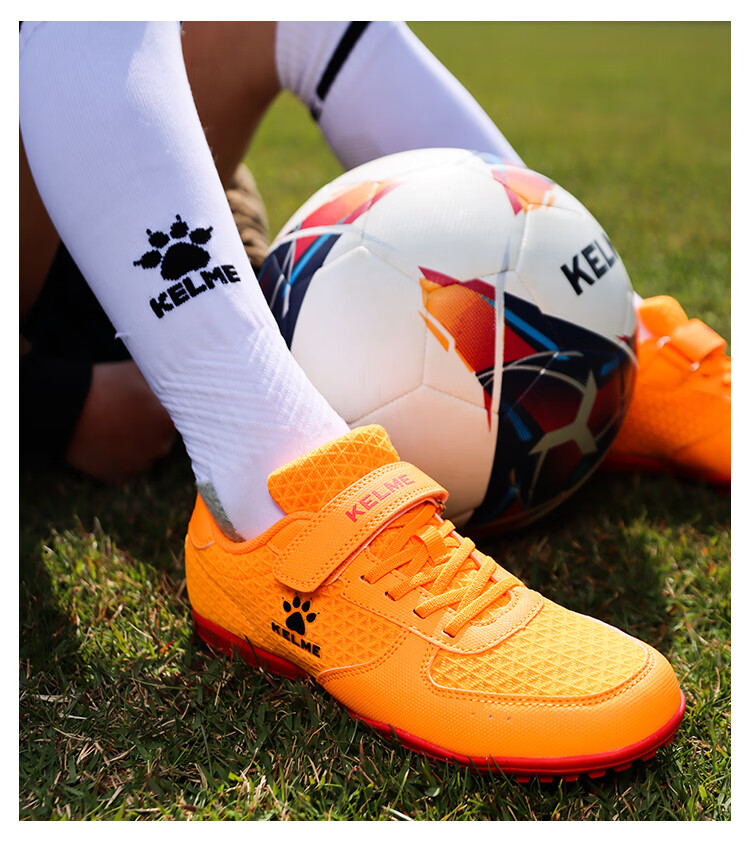 KELME Youth Soccer Shoes, Breathable Mesh, Velcro Strapless, TF Turf Studs, Student Football Boots, Orange/yellow, Size 32 10