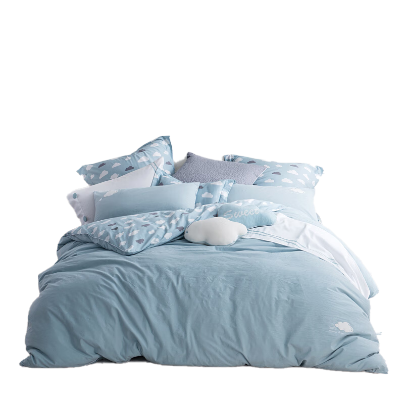 LOVO Luolai Home Textiles, Washed Cotton Four-Piece Bedding Set, Pure Cotton Fitted Sheet And Duvet Cover, 220*240cm