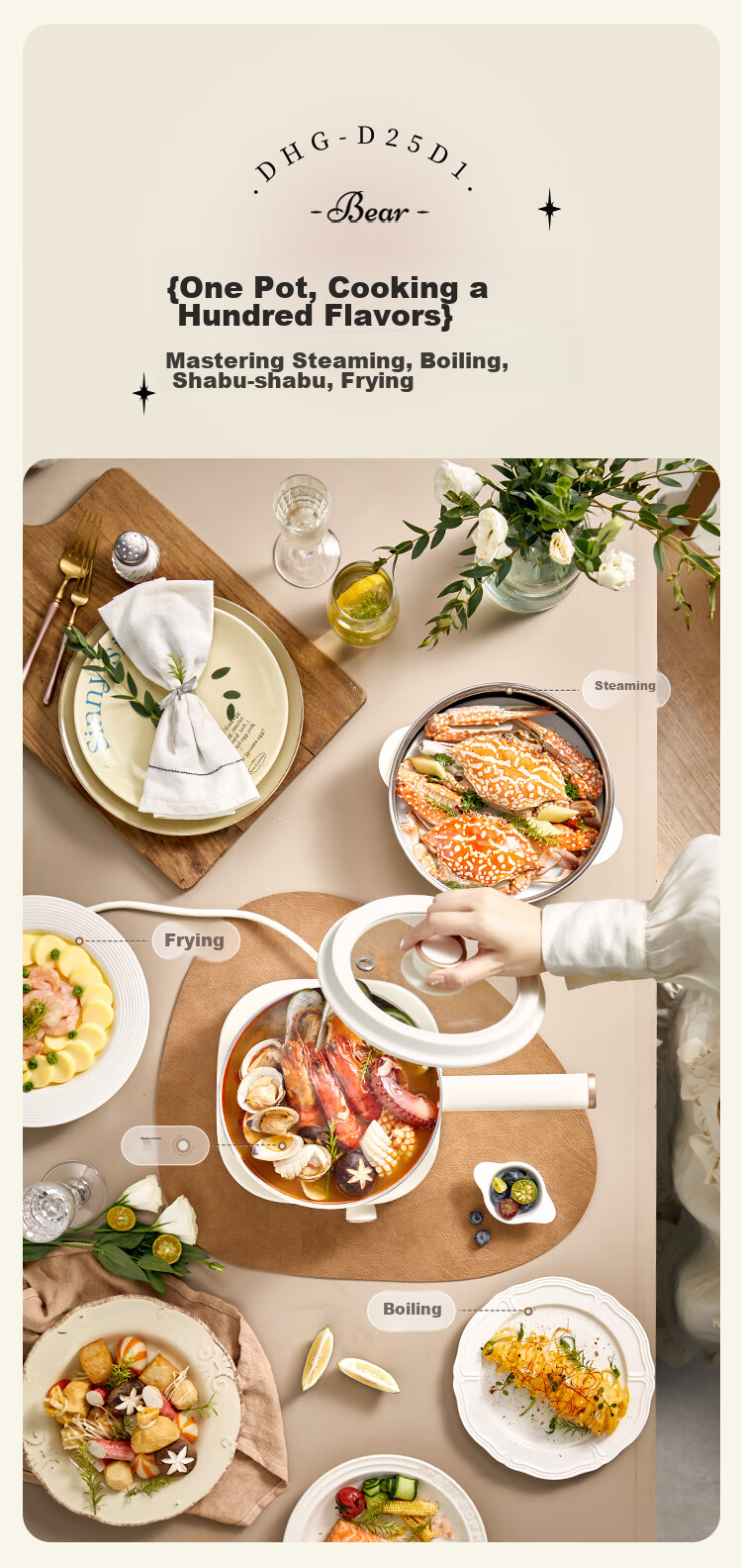 Bear Split Electric Cooking Pot, for 1-2 People, Dorm Small Electric Cooker, Can Boil Rice, Multifunctional Noodle Pot, 0 Coating Stainless Steel Household 1.7L with Steamer M17B3 4