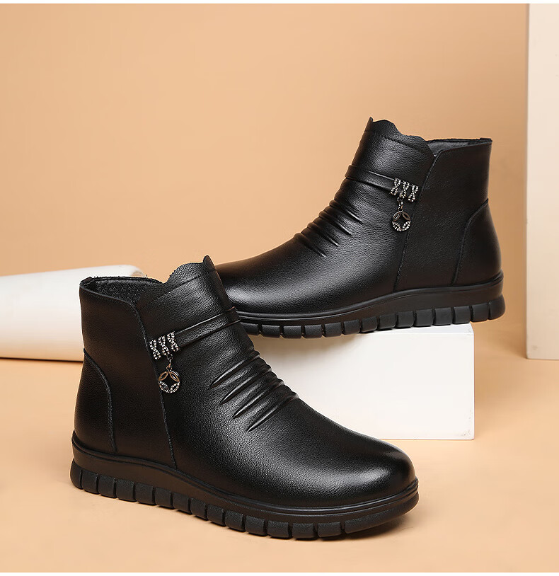 RED DRAGONFLY Women's Short Boots with Fleece Lining, Warm Snow Boots, Middle-Aged And Elderly Cotton Leather Shoes, Flat Cowhide Cotton Shoes WTC428791 Black Size 36 6