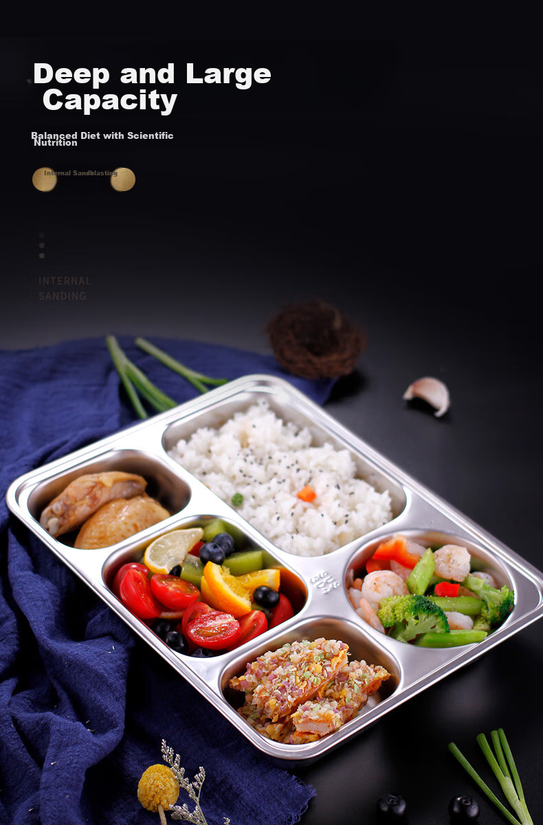 Jinyaoshi 304 Stainless Steel, Thickened Compartmented Fast Food Tray for Adults, Full Steel Lunch Box with Lid, Five Compartments GK-510KC 6