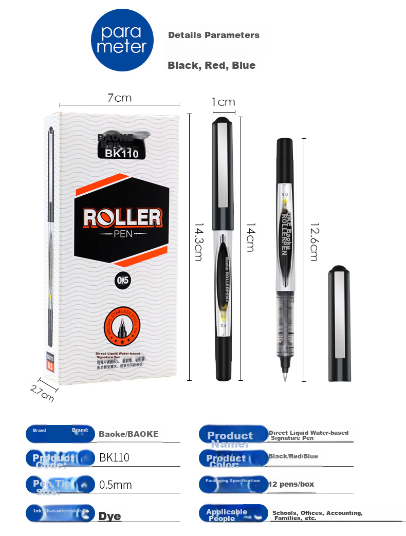 BAOKE BK110 0.5mm Black Rollerball Pen with Bullet Tip for Students' Exams, Gel Ink Pen, Signature Pen, Liquid Ink Pen, 12 Pens/Box 7