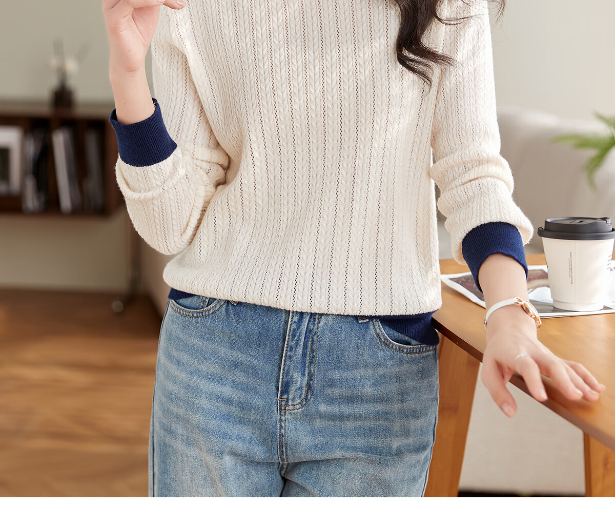 She Enjoy Women's Knitwear Round Neck Thin Sweater Lightweight Knit Top Spring Autumn Versatile Color-Block Collar T53Z155 9