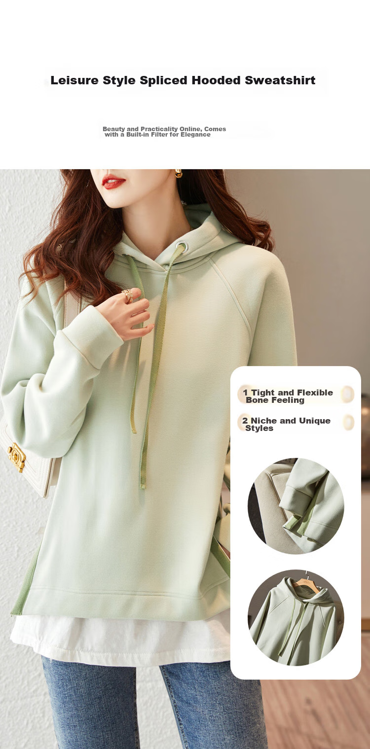 Dme [Split-Style Craftsmanship] Spring And Autumn Hooded Loose Casual Slightly Elastic Long-Sleeve Women's Sweatshirt, Light Water Green, S 2