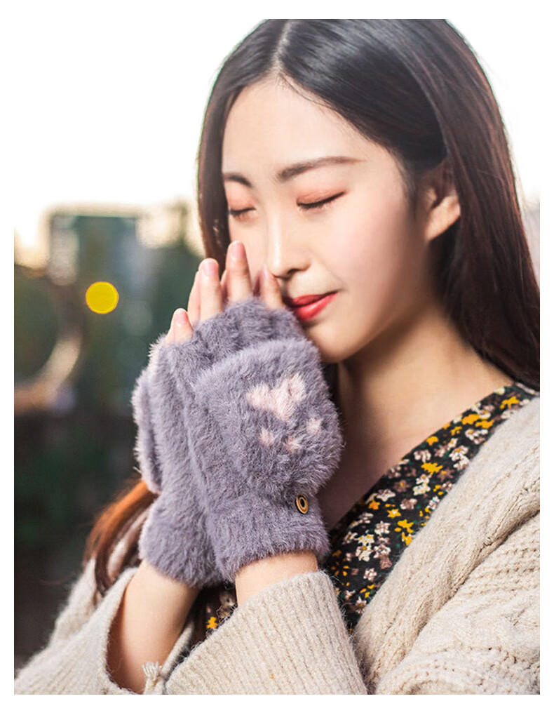 GRGN Unisex Winter Half-Finger Flip-Up Fleece-Lined Thickened Cute Knitted Fingerless Gloves 3