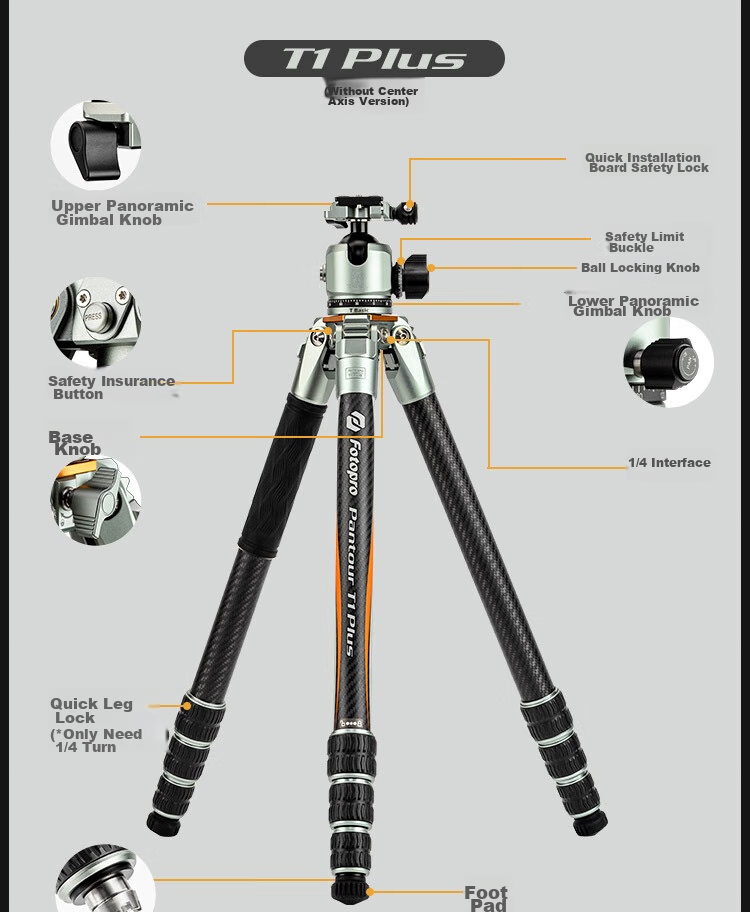 Fotopro T1 Plus without Center Column, 10-Layer Carbon Fiber, Multi-Expand Holes, Dual Panoramic Ball Head, All-Terrain Master-Level Photography And Videography Professional Camera Mirrorless Camera Tripod 26