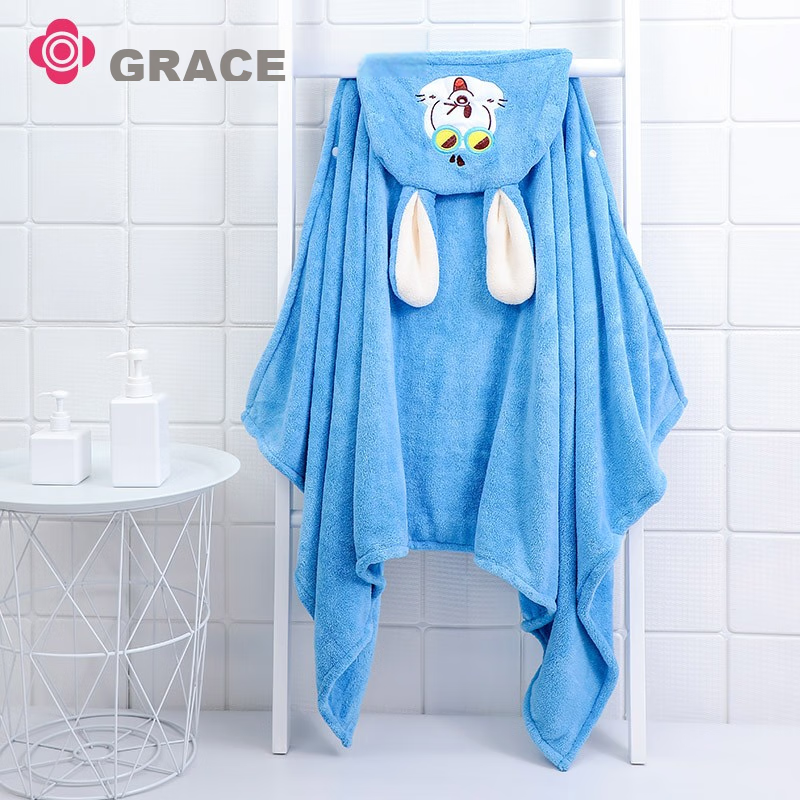 Grace Children's Bath Towel, Soft Coral Fleece, Quick-Drying Baby Bathrobe with Hood, Thickened Long-Eared Rabbit Blue Sports Desig