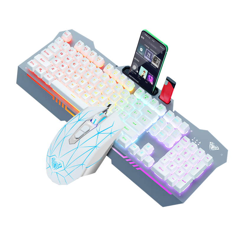 AULA T101 Mechanical Feel Keyboard And Mouse Set, Wired 104-Key Keyboard And Mouse Combo, Gaming And Office Computer Keyboard Mixed Light Eating Chicken Set, Metal Panel Silver White
