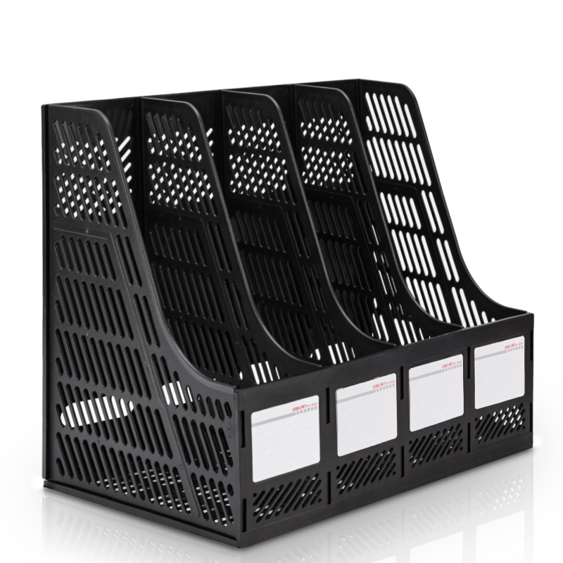 Deli 4-Tier Hollow Desktop File Organizer, Bookend Shelf, Document Storage Box, Office Organizer with Labels, File Storage Rack, Book Holder, Thickened Upgraded Material, Black, 9848