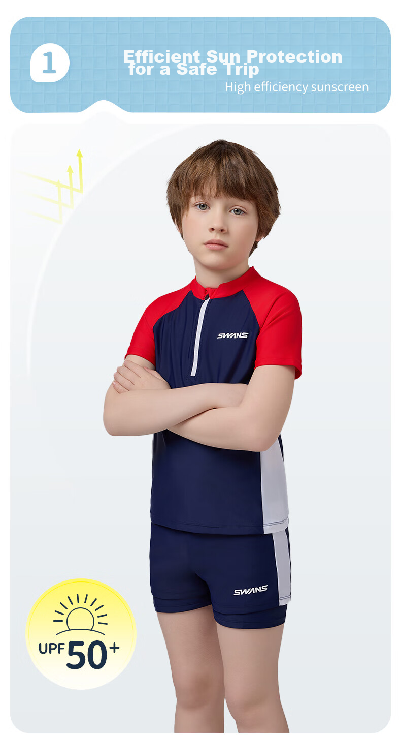SWANS Children's Two-Piece Swimsuit for Boys, Sun Protection Quick-Dry Sports Swimwear for Older Boys 268 Navy Blue 140 4