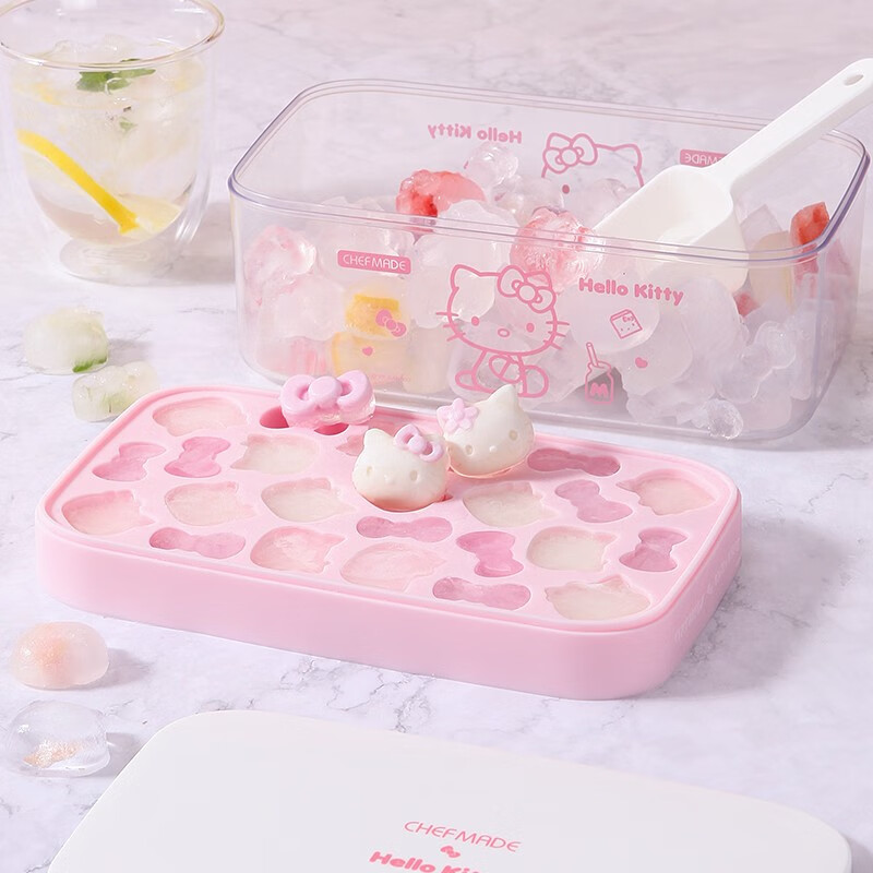 Xuechu Ice Cube Mold, HELLOKITTY Cartoon Silicone Ice Maker, with Lid, Food Storage Container, Ice Cream Mold