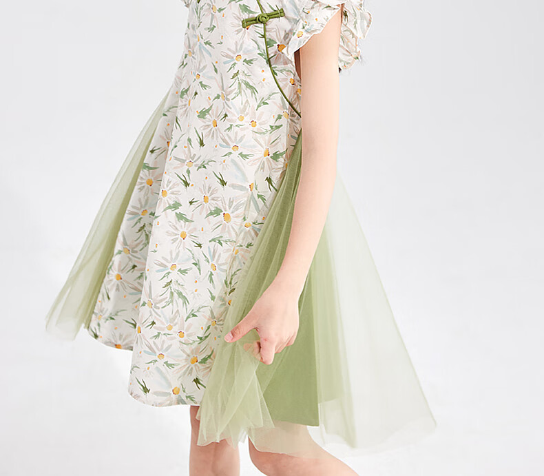 DEESHA Girls' 2025 Summer Printed Mesh Hanfu Qipao, Green Floral Print, Size 90 2