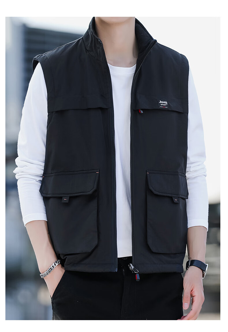 JEEP SPIRIT Fleece-Lined Casual Vest for Men, Spring And Autumn Wear, Two-Way Vest, Workwear Jacket, Khaki, 2XL 5