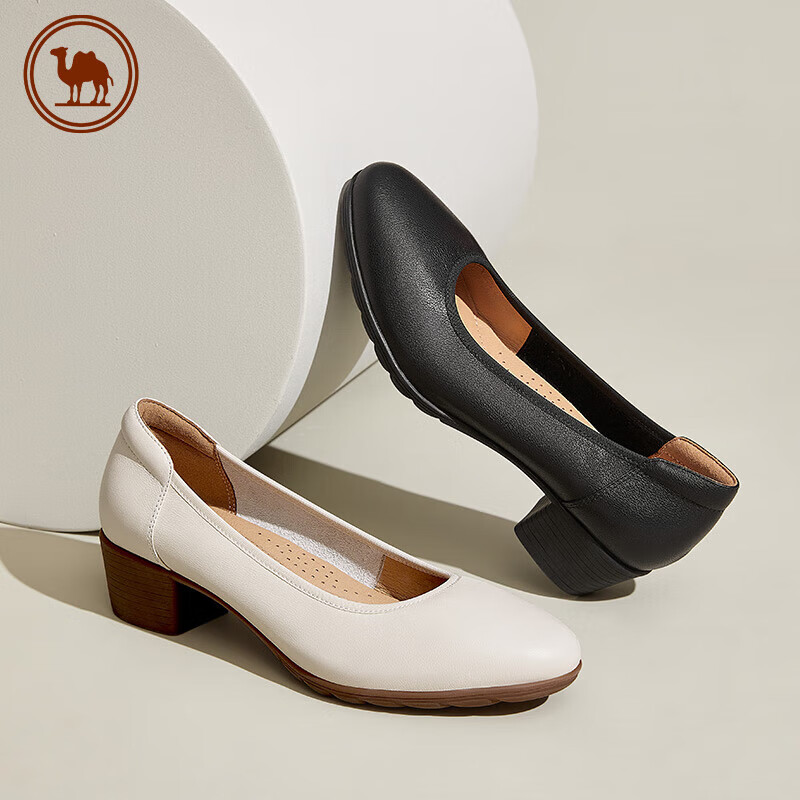CAMEL Brand Comfortable Women's Shoes Work Shoes Wedding Shoes Mary Jane Leather Shoes Chunky Heel Pumps P23S155021 Black Size 35