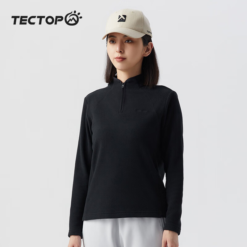 TECTOP Women's Fleece Jacket, Outdoor Windproof, Warm Stand Collar, Soft Comfortable, 46ZR, Classic Black, 2XL