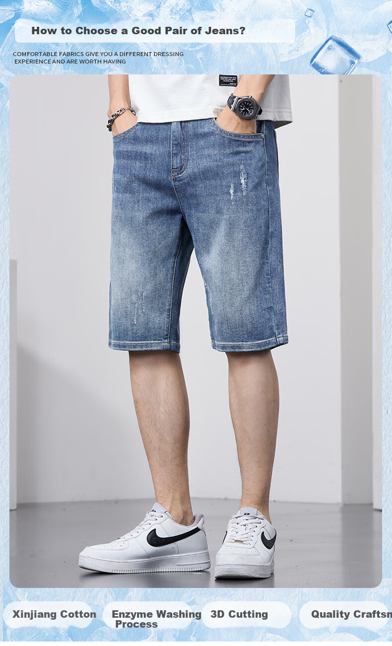 JEANSWEST OUTDOOR Men's Denim Shorts, Casual Mid-Length Pants, Knee-Length Shorts, Men's Summer Wear, Loose-Fitting Outdoor Sports Breathable, Faded Blue, Size 32 1