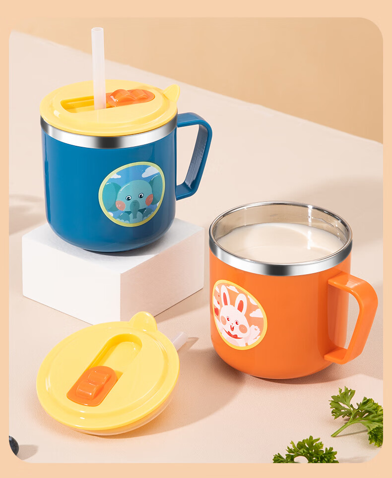 COOKSS Children's Water Cup Milk Cup 316 Stainless Steel Training Cup for Babies 1-3 Years Old with Straw And Scale Markings Gree 19