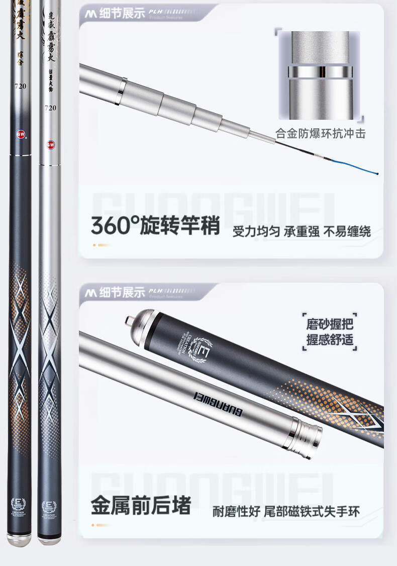 GW Fishing Rod Hand Rod 8.1m Thunderbolt Lightweight Heavy Duty Ultra Light Ultra Hard 19-Tone Silver Carp Fishing Rod 13