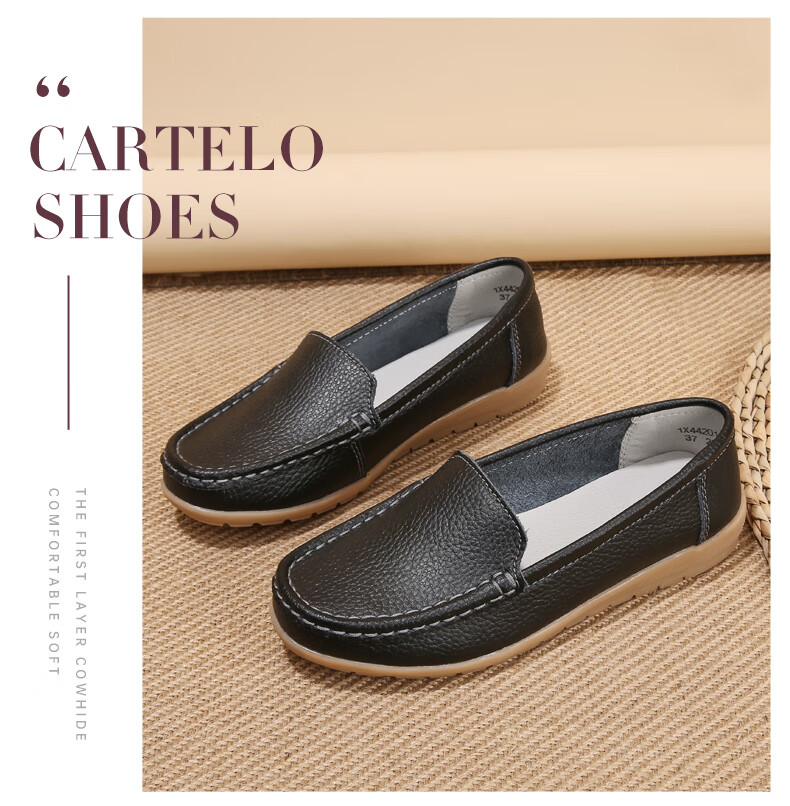 CARTELO Women's Shoes, Mom Shoes, Fashionable Nurse Leather Shoes, Soft-Soled Comfortable Flats, Women's Shoes, 1443 Black, Size 35 17