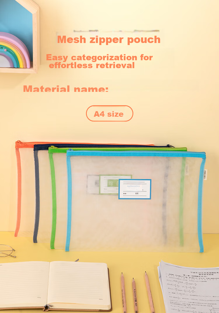 Deli Transparent Mesh Zipper Pouch, Student Exam Paper Sorting Stationery Bag/document Folder, File Storage Bag, Random Color School Supplies Gift 2