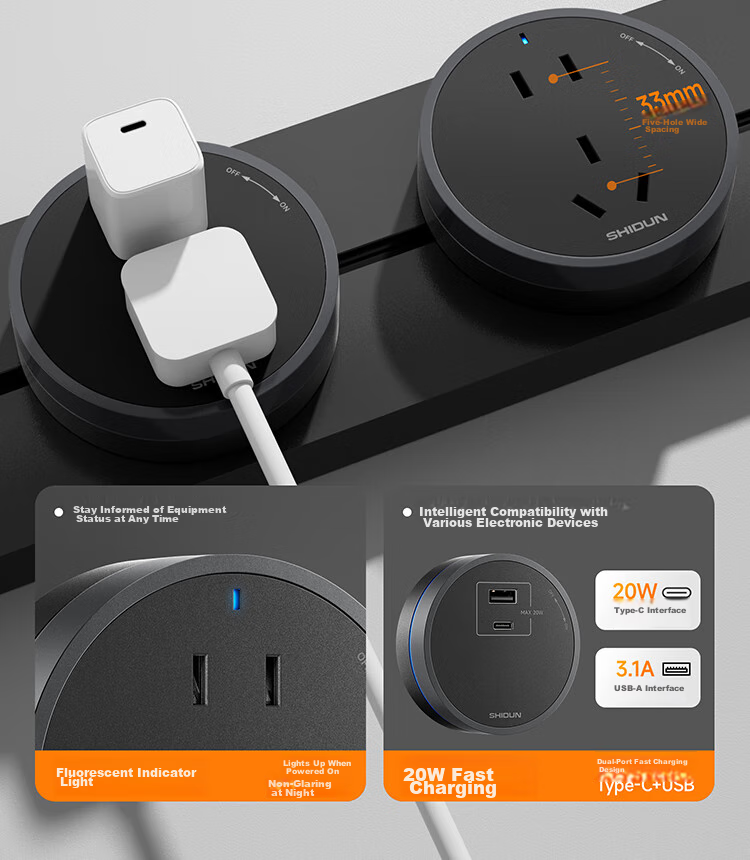 Shidun Track Socket, Kitchen-Specific, No Drilling Required, Ultra-Thin, 50cm, Three Five-Hole Outlets, 8000W Power, Electric Shock Prevention, Aluminum Alloy, Midnight Black, Ultra-Thin Model 12