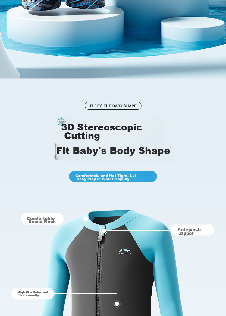 Li-Ning Children's Swimwear, Boys' Long-Sleeve Sun Protection Two-Piece Swimsuit And Swim Trunks, Hot Spring Swimming Gear, 8772 Blue-Gray, Size 170 2
